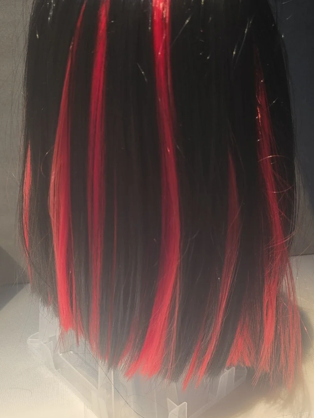 Black Med Length Bob Wig Striking Red Peekaboo Highlites All Around.Eaay Styling